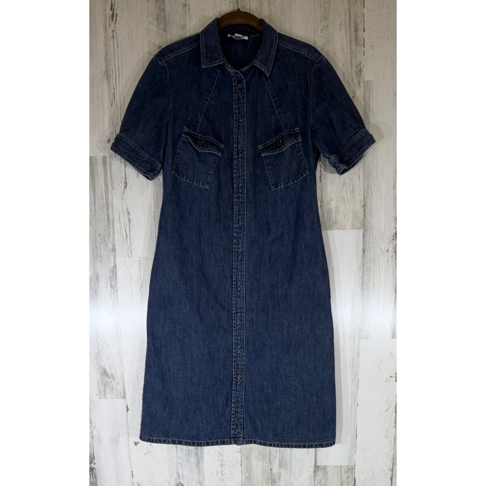 Talbots Denim Shirt Dress 4 Short Sleeve Cotton Chest Pockets Classic Timeless